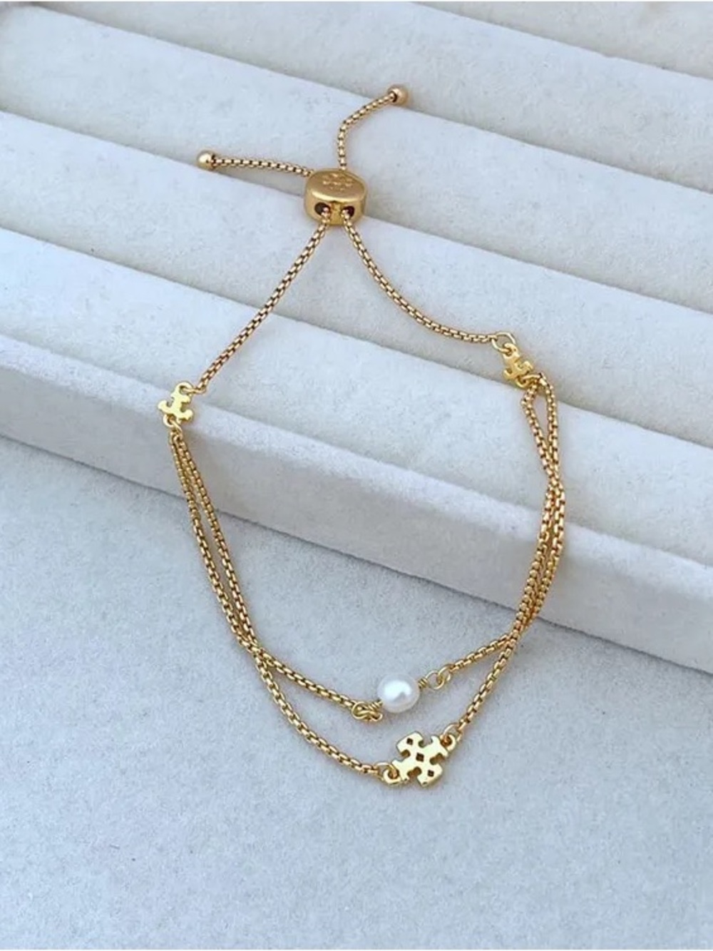 Tory Burch Gold Double-Chain Bracelet with Pearl Charm - Picture 4 of 4